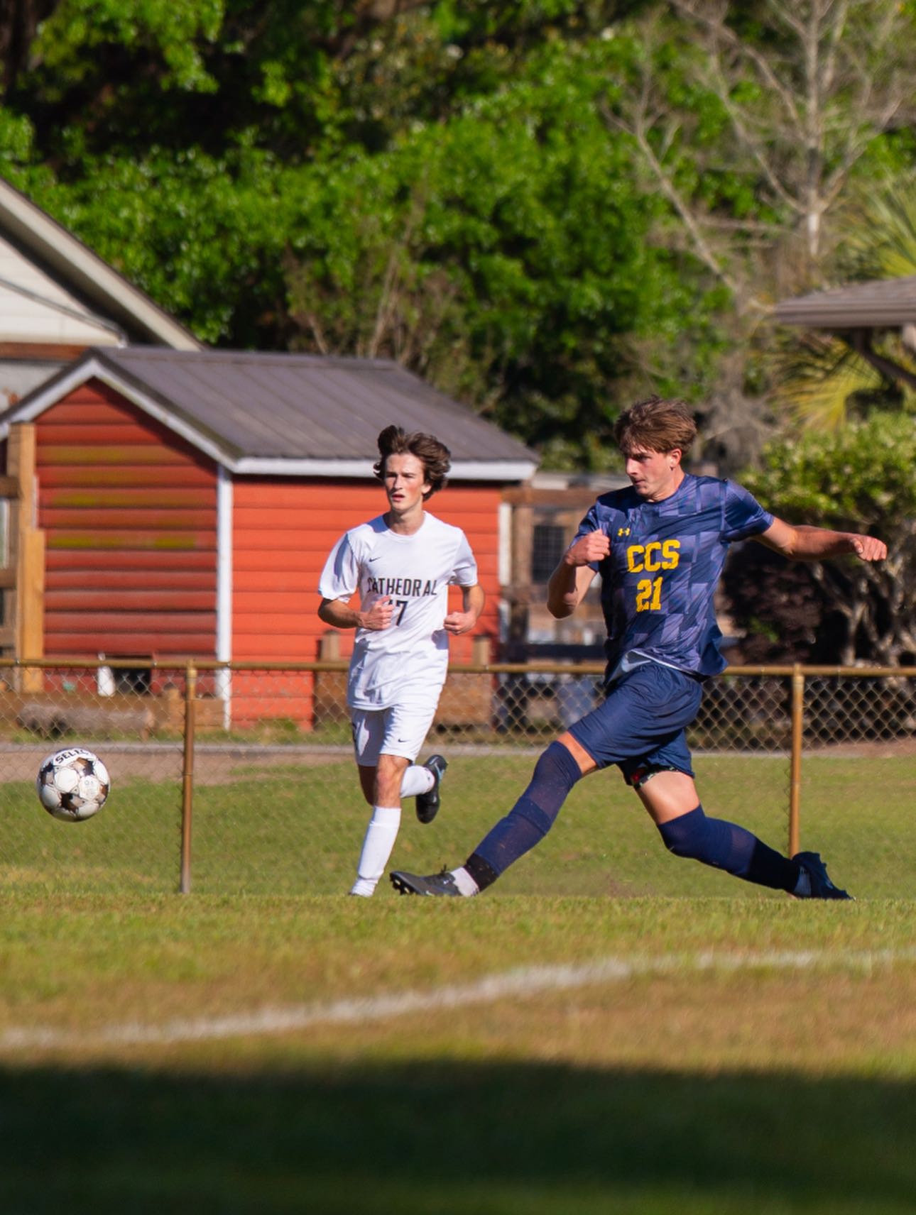 Charleston Collegiate students playing soccer. 