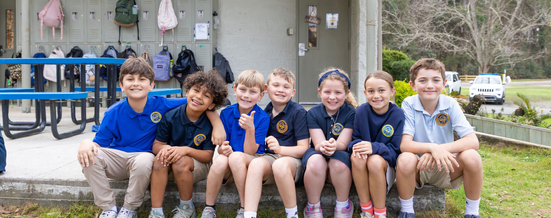 Students gather outside during a class break.