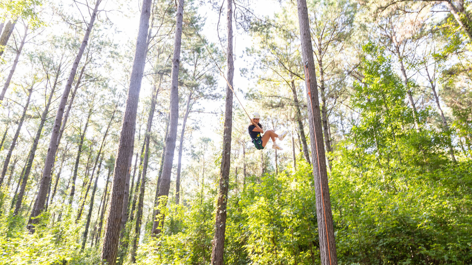 A student swings through the trees on a ropes course element on campus.