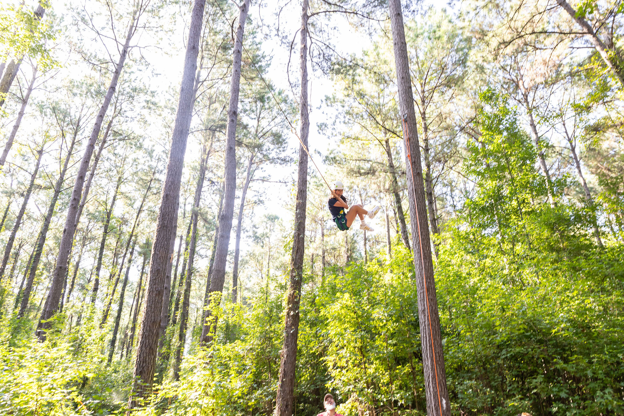 A student swings through the trees on a ropes course element on campus.