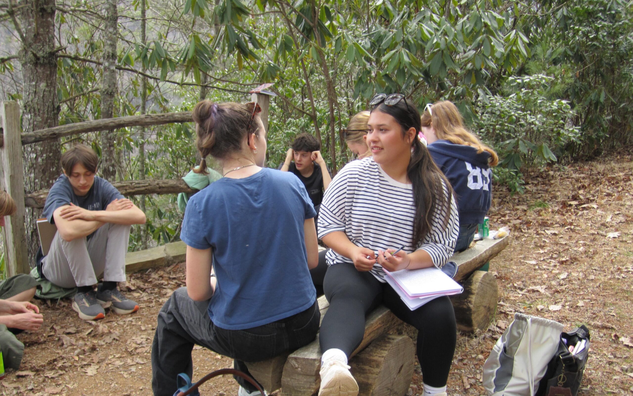 Students during a creative writing session in nature.