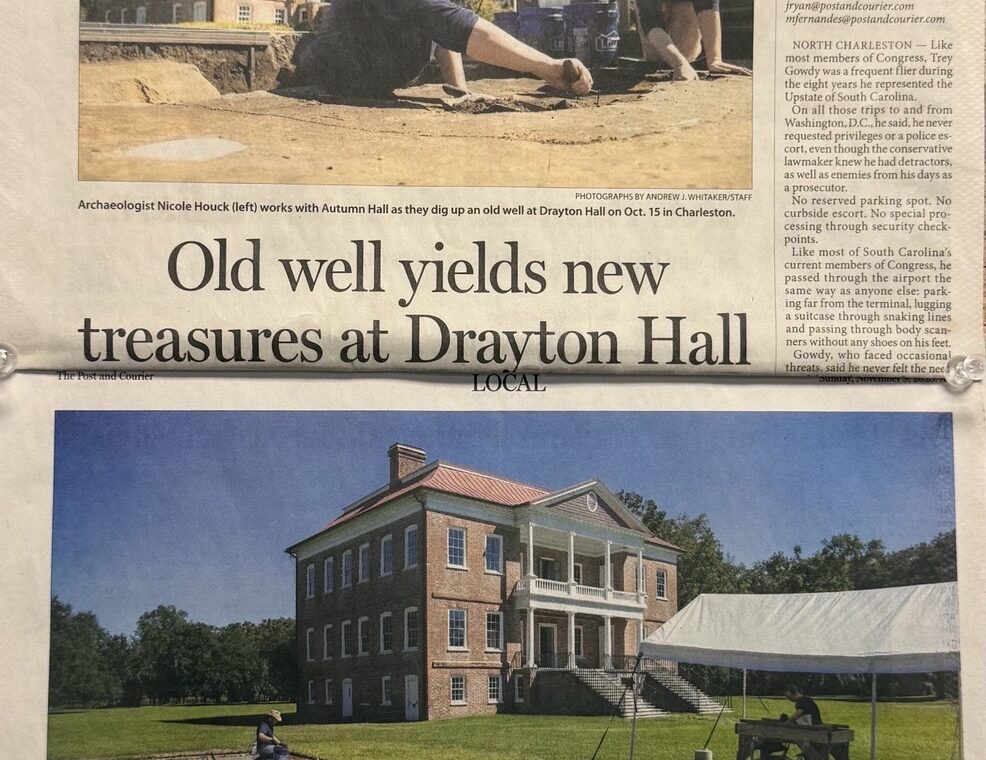 Printed newspaper page featuring an article about Jhazmyne’s archaeology internship at Drayton Hall.