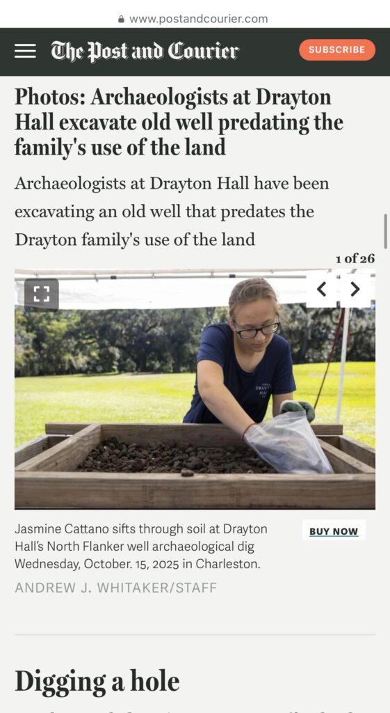 Photo of a newspaper page showing a Post and Courier article about Jhazmyne’s archaeology internship at Drayton Hall.